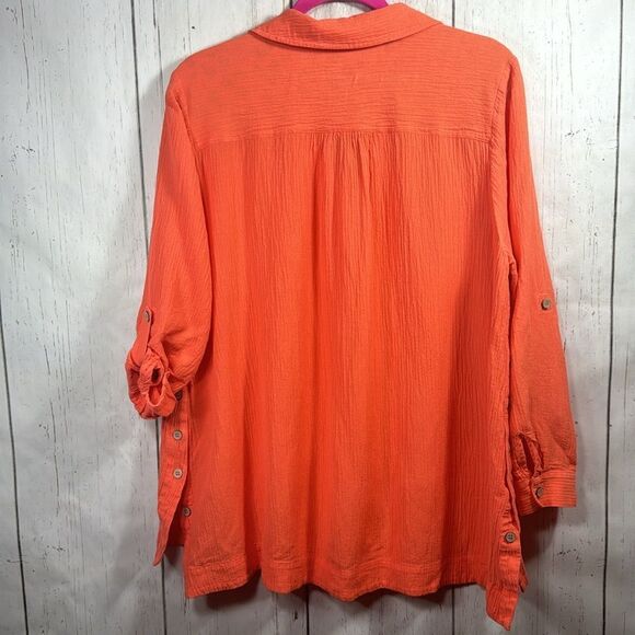 Soft Surroundings Gauze Artisan Roll Tab Sleeve Orange Boho Button Detail Blouse - Picture 12 of 16